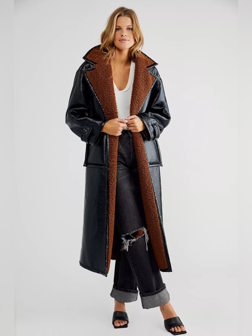 NWOT We the Free London Vegan Faux Leather Trench Coat W/ Brown Sherpa Lining M - Picture 2 of 15